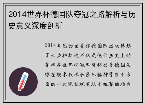 2014世界杯德国队夺冠之路解析与历史意义深度剖析